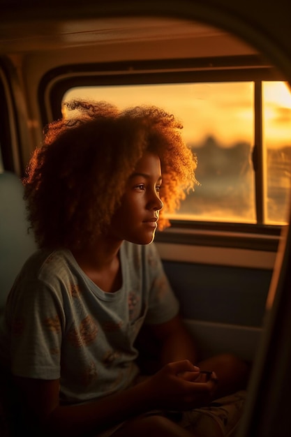 Una joven afro que viaja en su furgoneta hermosa puesta de sol concepto de vacaciones de verano