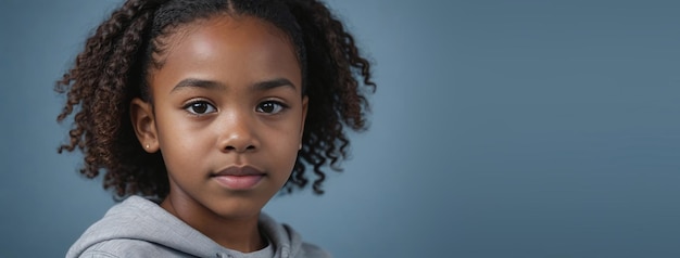 Una joven afroamericana aislada en un fondo gris-azul con espacio para copiar