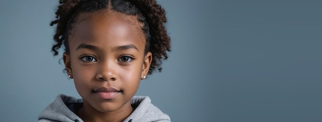 Una joven afroamericana aislada en un fondo gris-azul con espacio para copiar