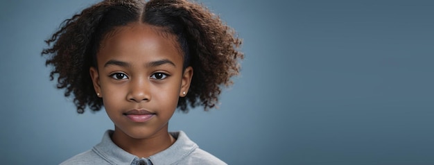 Una joven afroamericana aislada en un fondo gris-azul con espacio para copiar