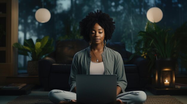 Una joven afroamericana aprende a meditar en una sesión guiada por un instructor en línea a través de