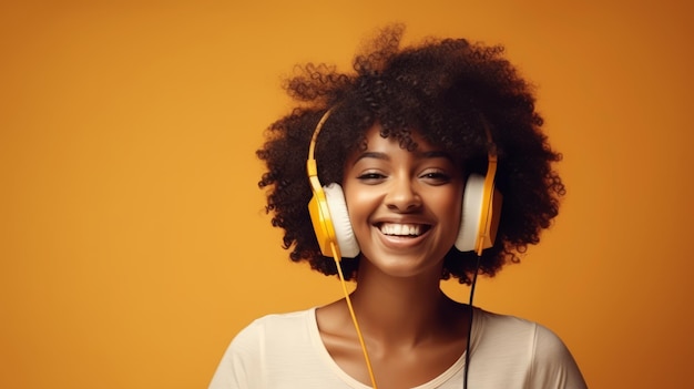 Joven afroamericana con auriculares escuchando música sobre fondo naranja IA generativa