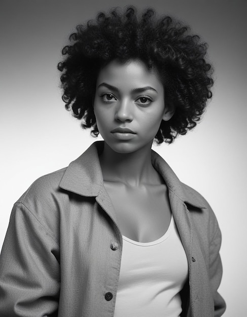 Foto una joven afroamericana con cabello largo y rizado y una expresión en su cara