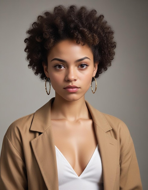 Una joven afroamericana con cabello largo y rizado y una expresión en su cara