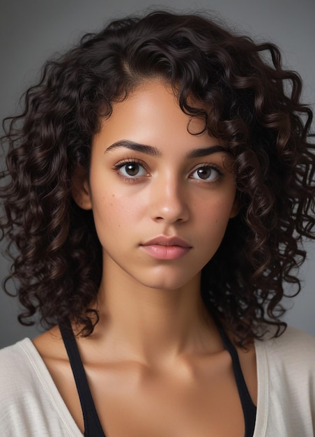 Foto una joven afroamericana con cabello largo y rizado y una expresión en su cara