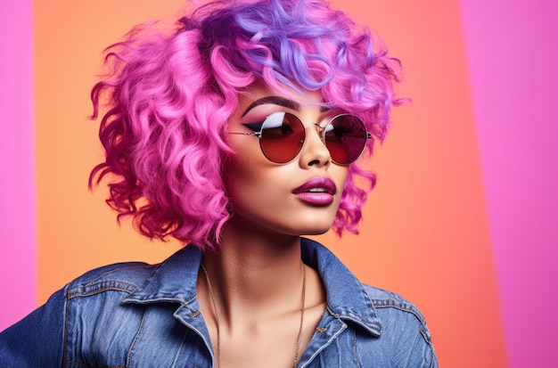 Joven afroamericana con cabello rizado rosa vibrante usando ropa retro