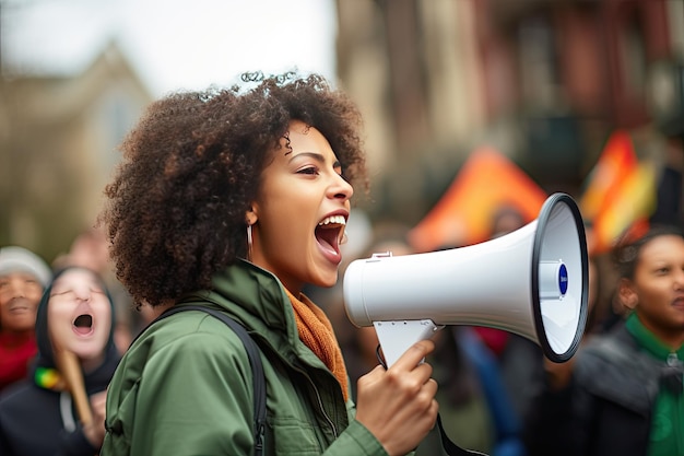 Una joven afroamericana está cantando sus demandas a través de un megáfono Retrato de cerca de una joven negra radicalizada