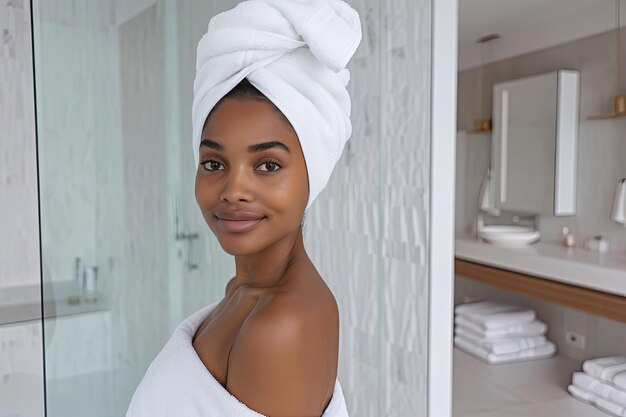 una joven afroamericana está de pie en el baño después de una ducha envuelta en una toalla de terry blanca