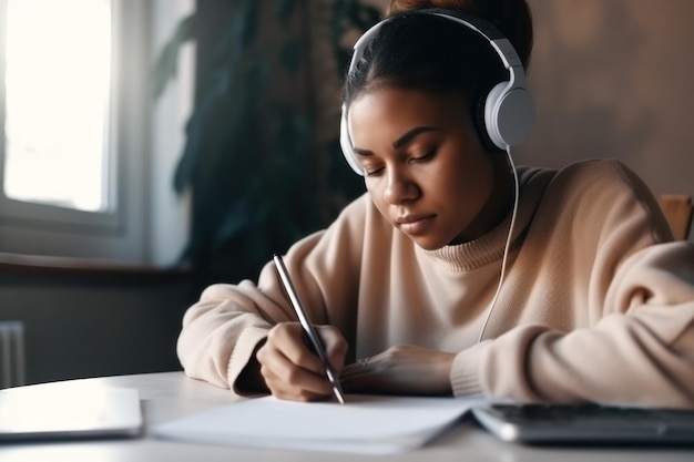 Joven afroamericana estudiando en línea