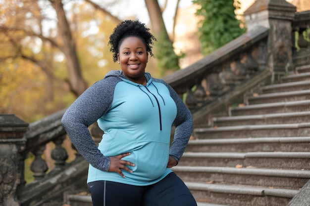 Joven afroamericana feliz y con sobrepeso haciendo ejercicios activos afuera