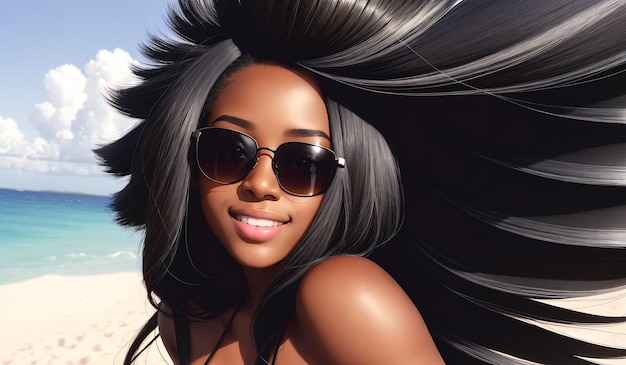 Joven afroamericana con gafas de sol Retrato de una mujer negra con una sonrisa feliz en un clima soleado IA generativa