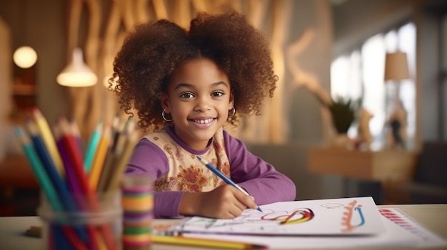 Una joven afroamericana de infancia colorida dibuja apasionadamente en casa con lápices de colores