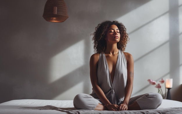 Joven afroamericana meditando en postura de loto en casa