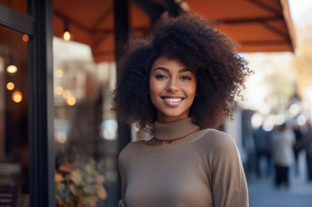 Joven afroamericana con pelo rizado parada frente a una tienda