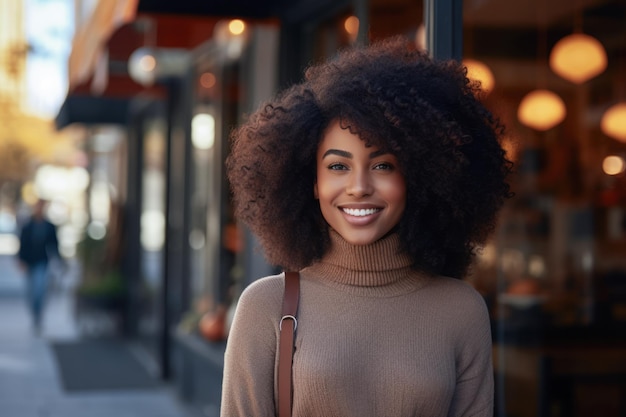 Joven afroamericana con pelo rizado parada frente a una tienda