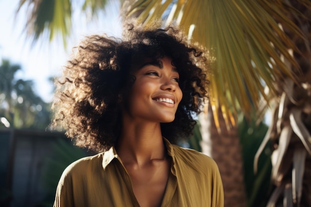 Joven afroamericana con pelo rizado de vacaciones