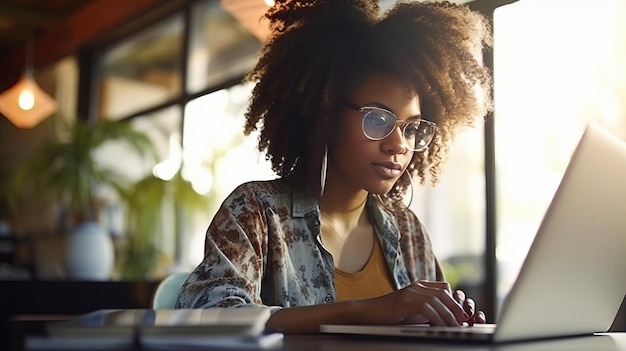 Una joven afroamericana que trabaja en una computadora portátil como freelancer o estudiante