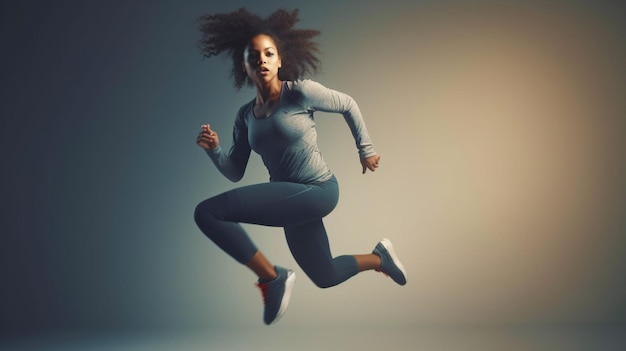 Joven afroamericana saltando y corriendo contra un fondo claro de inteligencia artificial