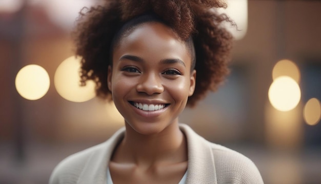 Una joven afroamericana segura de sí misma sonriendo de cerca