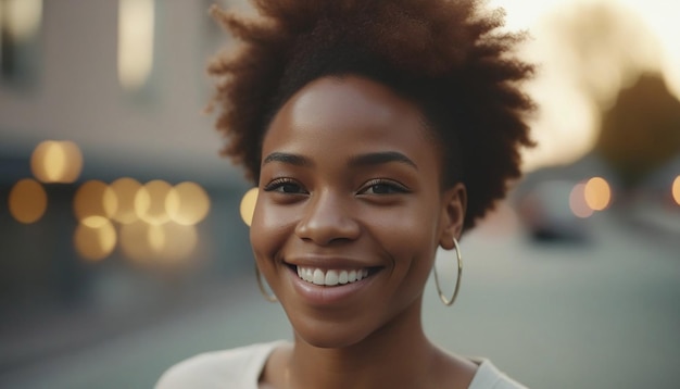 Una joven afroamericana segura de sí misma sonriendo de cerca
