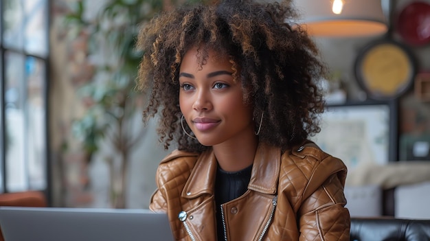 Una joven afroamericana segura usando una computadora portátil una mujer hermosa trabajando