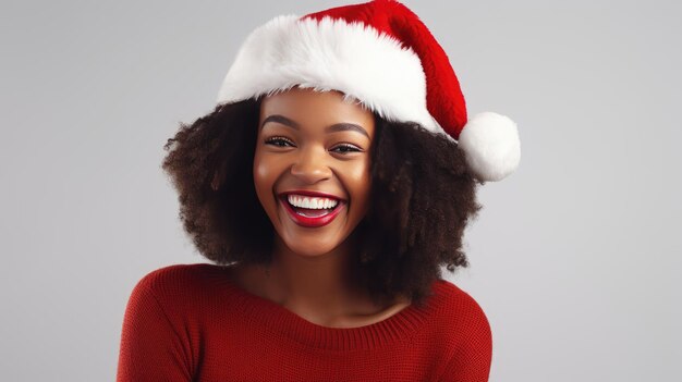 Joven afroamericana con sombrero de Papá Noel creado con tecnología Generative Al