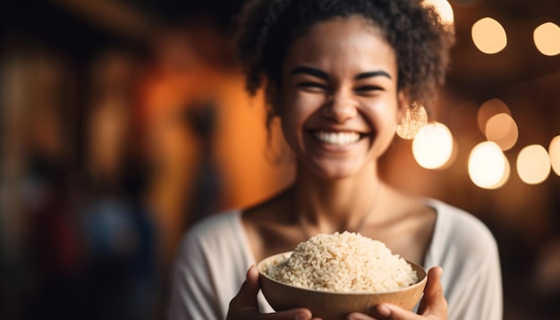 Una joven afroamericana sonriendo sosteniendo un tazón de alimentos frescos generados por IA