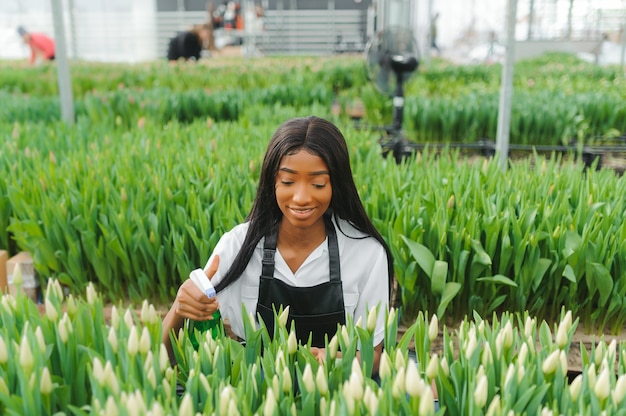 Joven afroamericana, trabajadora con flores en invernadero.