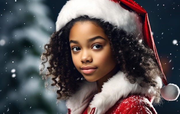 Una joven afroamericana con un traje de Papá Noel con un fondo navideño