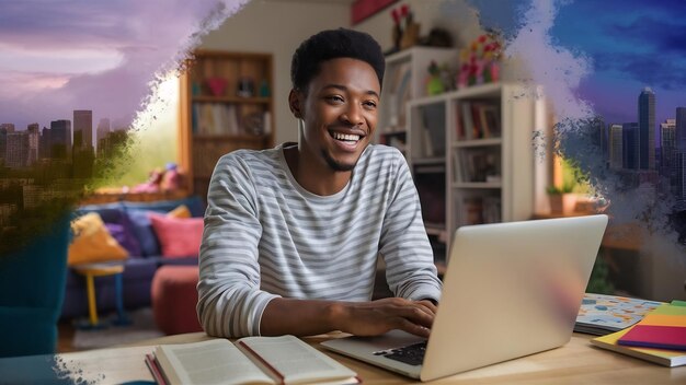 Foto joven afroamericano alegre con camisa a rayas trabajando remotamente en una computadora portátil debido a la desigualdad social