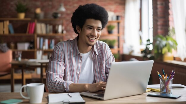 Joven afroamericano alegre con camisa a rayas trabajando remotamente en una computadora portátil debido a la desigualdad social