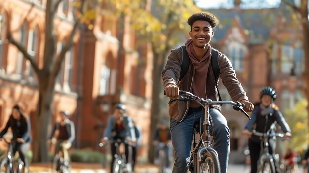 Un joven afroamericano alegre montando en bicicleta en el campus