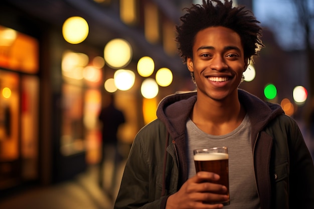 Joven afroamericano bebiendo cerveza