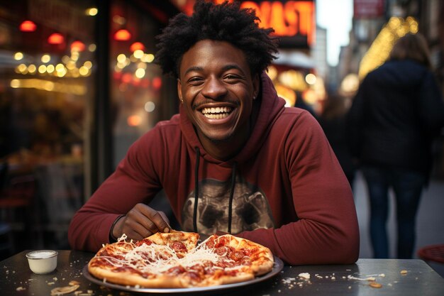 Un joven afroamericano come una pizza al aire libre Concepto de comida rápida