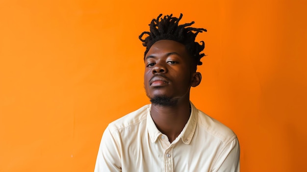 Un joven afroamericano con dreadlocks está mirando a la cámara con una expresión seria Él lleva una camisa blanca y tiene una barba