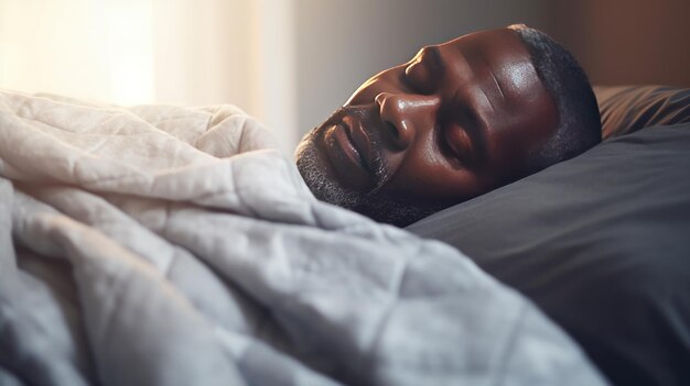 Un joven afroamericano duerme bajo una capa cálida en una cama suave en casa de cerca.