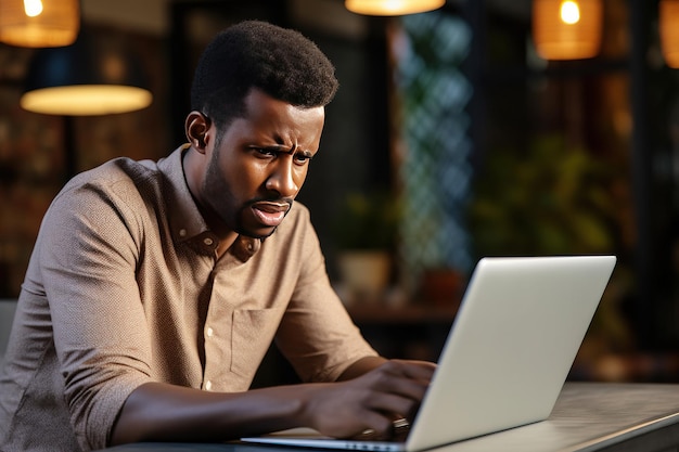 Joven afroamericano enojado mirando una computadora portátil AI generativa