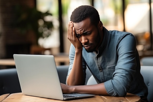 Joven afroamericano enojado mirando una computadora portátil AI generativa