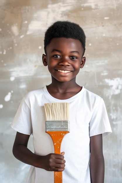 Un joven afroamericano feliz con confianza sosteniendo un pincel durante la renovación de su casa