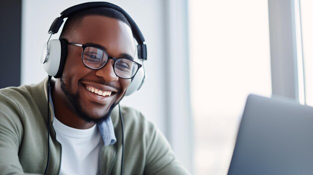 Joven afroamericano feliz con gafas y auriculares sentado con una computadora portátil y aprendiendo