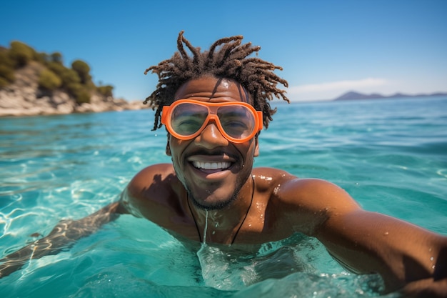 Joven afroamericano con gafas de buceo