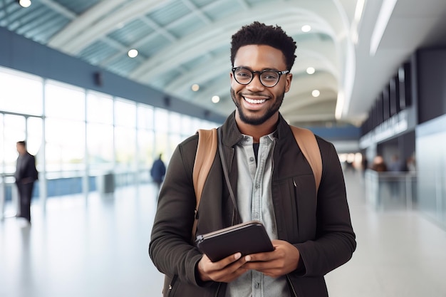 Un joven afroamericano guapo y sonriente con gafas y una tableta digital mirando a la cámara.