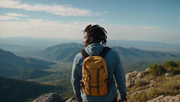 Un joven afroamericano con una mochila turística está de pie en la cima de una roca en las montañas