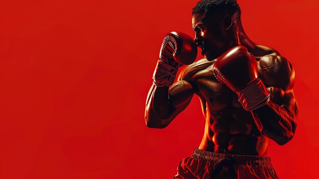 Foto joven afroamericano musculoso con un cuerpo atlético perfecto en guantes de boxeo sobre fondo rojo