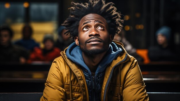 joven afroamericano con peinado afro mirando hacia arriba