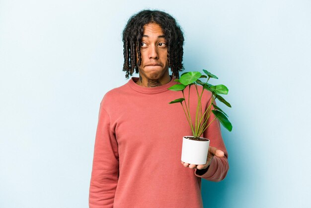 Joven afroamericano que sostiene una planta aislada de fondo azul confundido se siente dudoso e inseguro