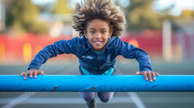 Un joven afroamericano salta por encima de los obstáculos en la pista de atletismo en el estadio