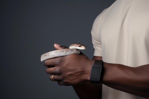 Foto joven afroamericano con una serpiente en la mano