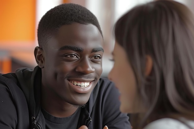 Un joven afroamericano sonriendo a una mujer