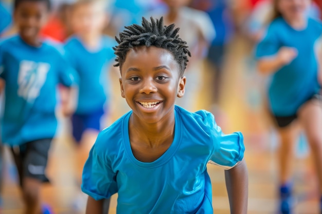 Un joven afroamericano sonriente participando en la carrera del día deportivo escolar con amigos en